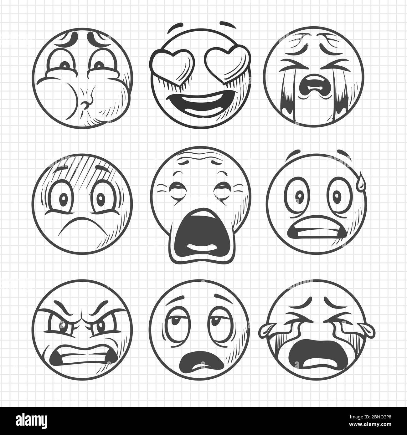 Facce tristi insoddisfatte disegnate a mano, vettore sorrisi isolato su sfondo bianco illustrazione Illustrazione Vettoriale