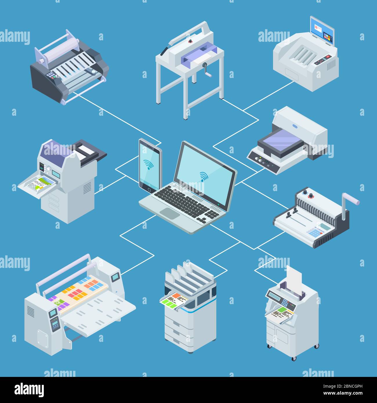 Attrezzature moderne per la stampa. Plotter per stampanti, macchine per taglio offset concetto vettoriale isometrico. Immagine dell'elaborazione dei controlli da computer portatile, scanner e plotter Illustrazione Vettoriale