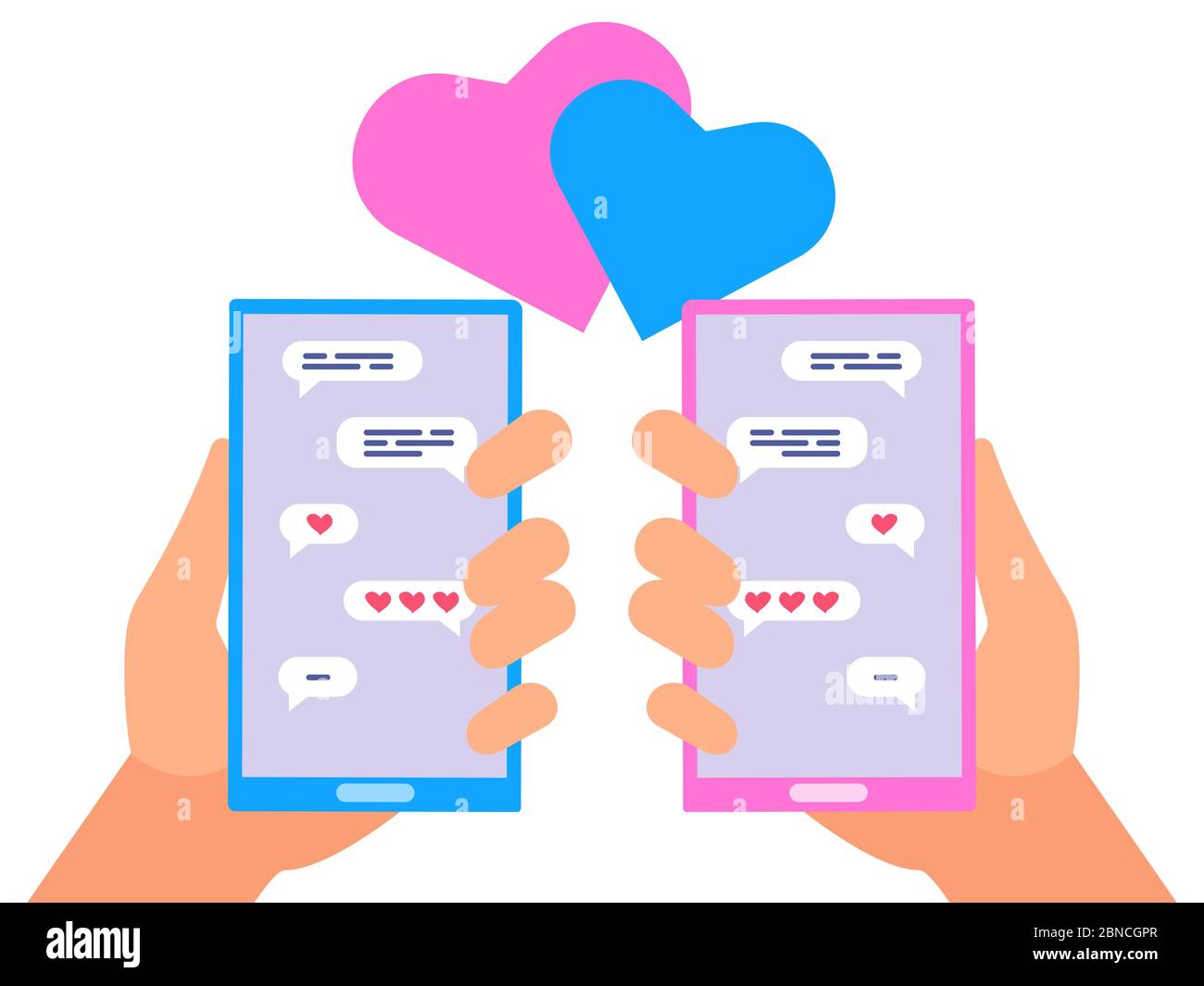 Chiacchiera online tra le persone nel concetto di vettore amore. Conversazione con illustrazione dello smartphone Illustrazione Vettoriale