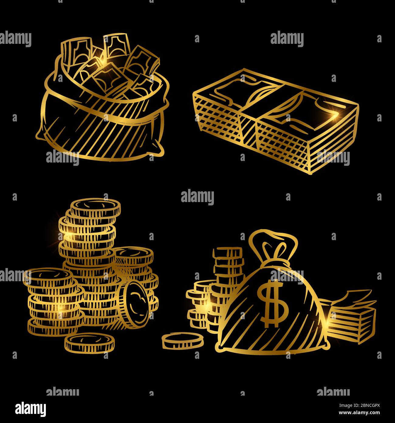 Schizzo di denaro. Monete e denaro vettoriali d'oro isolati su sfondo nero. Illustrazione di un disegno dorato di soldi, moneta di contanti d'oro Illustrazione Vettoriale
