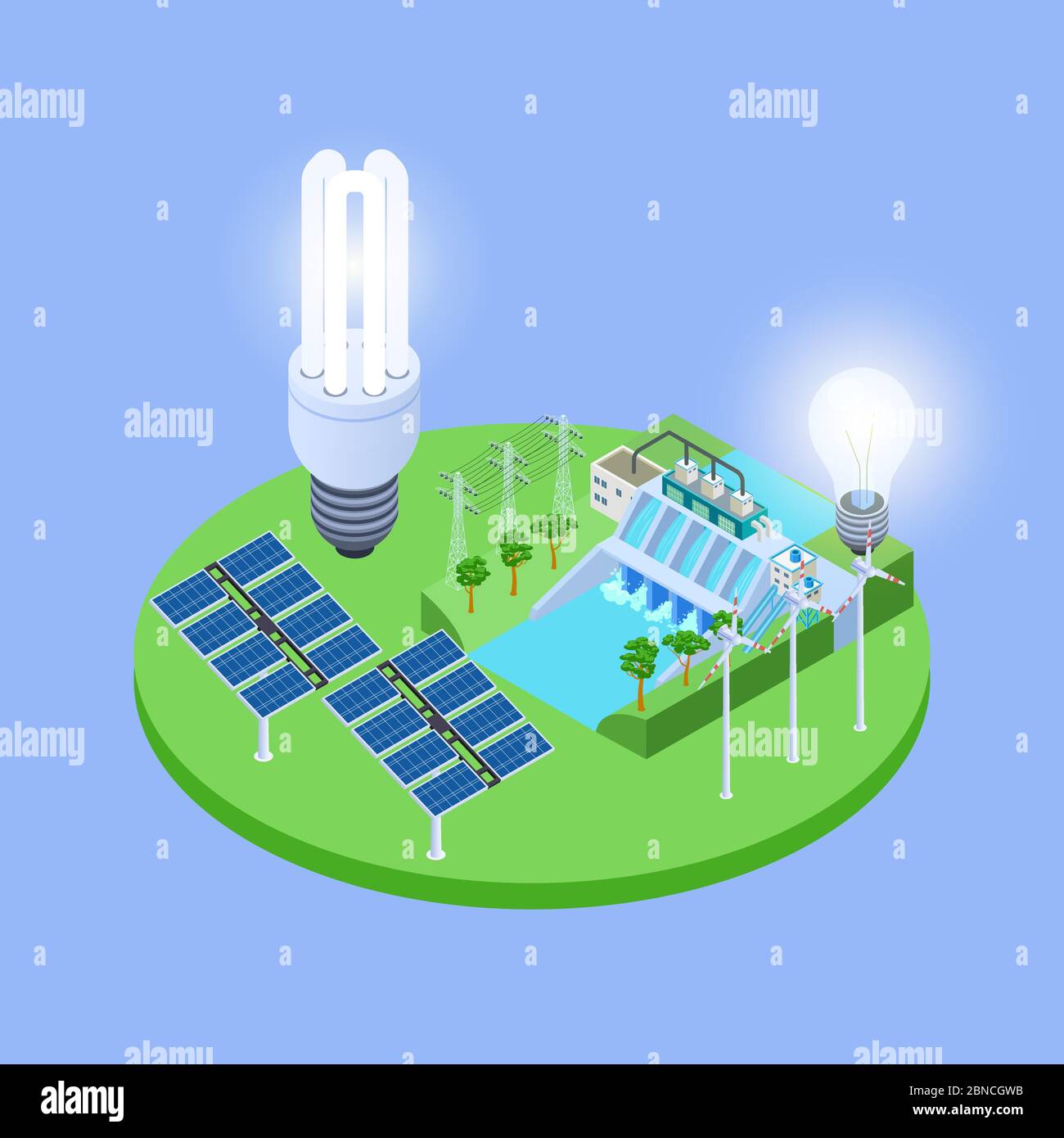Concetto vettoriale isometrico energetico ecologico con pannelli solari, lampadine a luci ecologiche, illustrazione della stazione idroelettrica Illustrazione Vettoriale