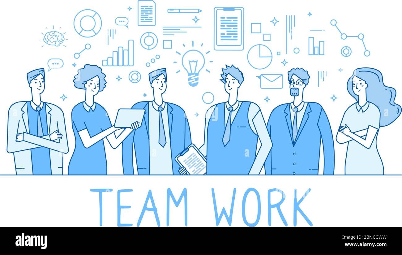 Concetto di linea di lavoro di squadra. Dipendenti e dipendenti di uffici del team aziendale creativo. Tecnologia di collaborazione sfondo vettoriale piatto trendy. Illustrazione del dipendente dell'ufficio, del team aziendale Illustrazione Vettoriale