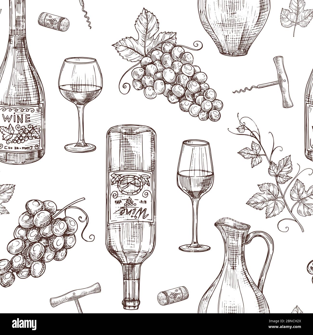 Disegno di un motivo senza giunture di vino. Bottiglie di vino cavatappi di vino e uva. Cantina, ristorante vettore menu texture. Illustrazione del vino alcolico, disegno con bottiglia Illustrazione Vettoriale