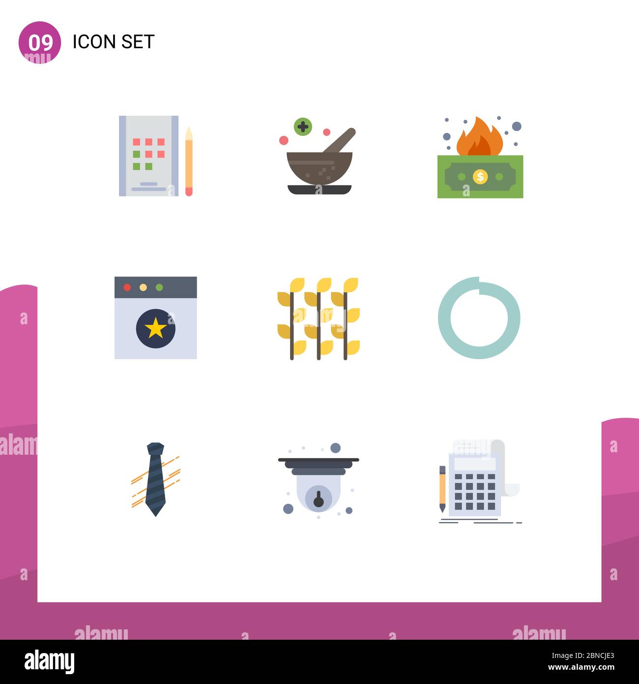 Moderno set di 9 colori piatti e simboli come millet, grano, reddito, glutine, elementi di disegno vettoriale modificabili mac Illustrazione Vettoriale