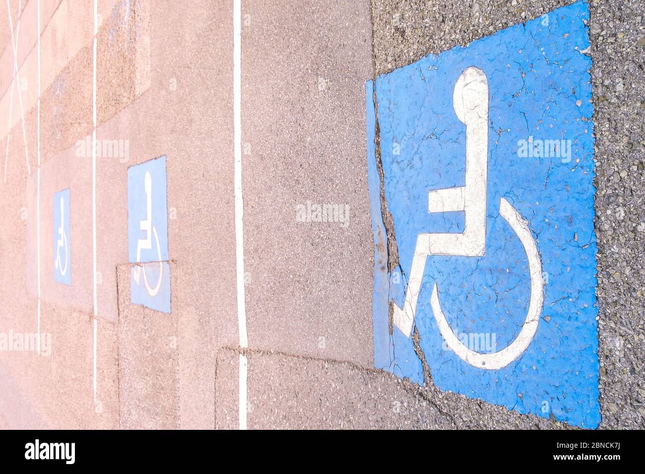 Lo sfondo del parcheggio disabili permettere segno dipinto sulla street, conosciuta anche come la pavimentazione di handicap con sedia a rotelle Parcheggio Foto Stock