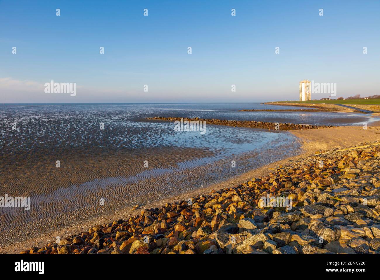 I colori dell'alba sul mare di Wadden a bassa marea Foto Stock
