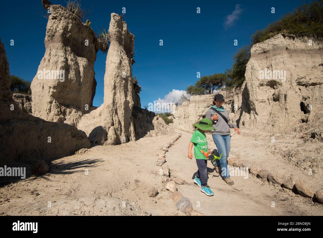 Mamma e suo figlio che camminano su un sentiero nel Deserto vicino a San Juan Raya Foto Stock