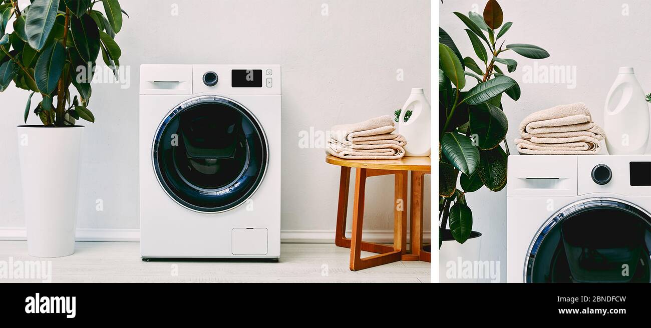 collage di piante verdi vicino a lavatrici, tavolino con asciugamani e bottiglie di detersivo in bagno Foto Stock