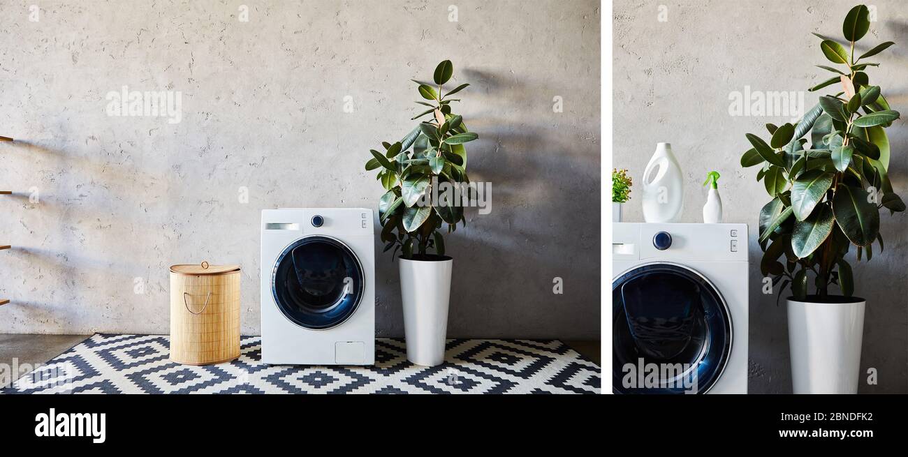 collage di lavatrici vicino a bottiglie di piante e cesto di biancheria in bagno moderno Foto Stock