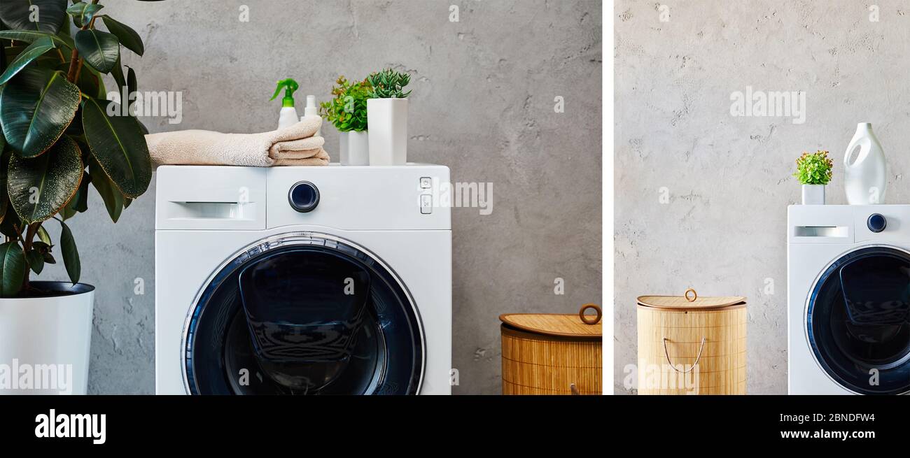 collage di bottiglie, piante e asciugamani su lavatrici vicino a cestini di lavanderia in bagno moderno Foto Stock