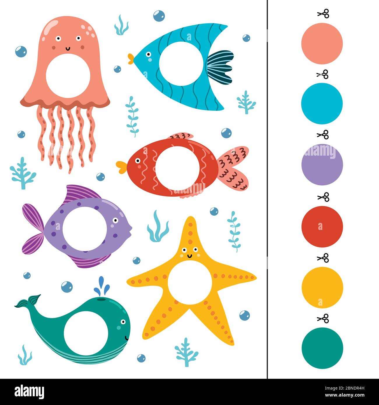 Animali di mare colore partita per bambini Illustrazione Vettoriale
