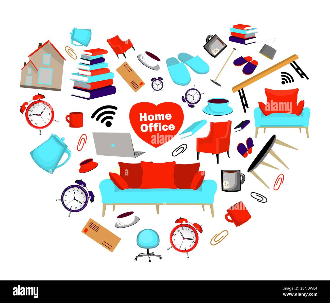 Rimani a casa. Set di elementi per la casa e il lavoro. Adesivi per ufficio domestico. ISOLAMENTO E QUARANTENA. Laptop, sedia, pantofole, tazza. Illustrazione vettoriale isolata Illustrazione Vettoriale