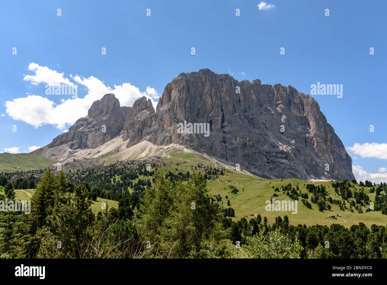 Il Langkofel / Sassolungo si innalca in estate durante il giorno Foto Stock