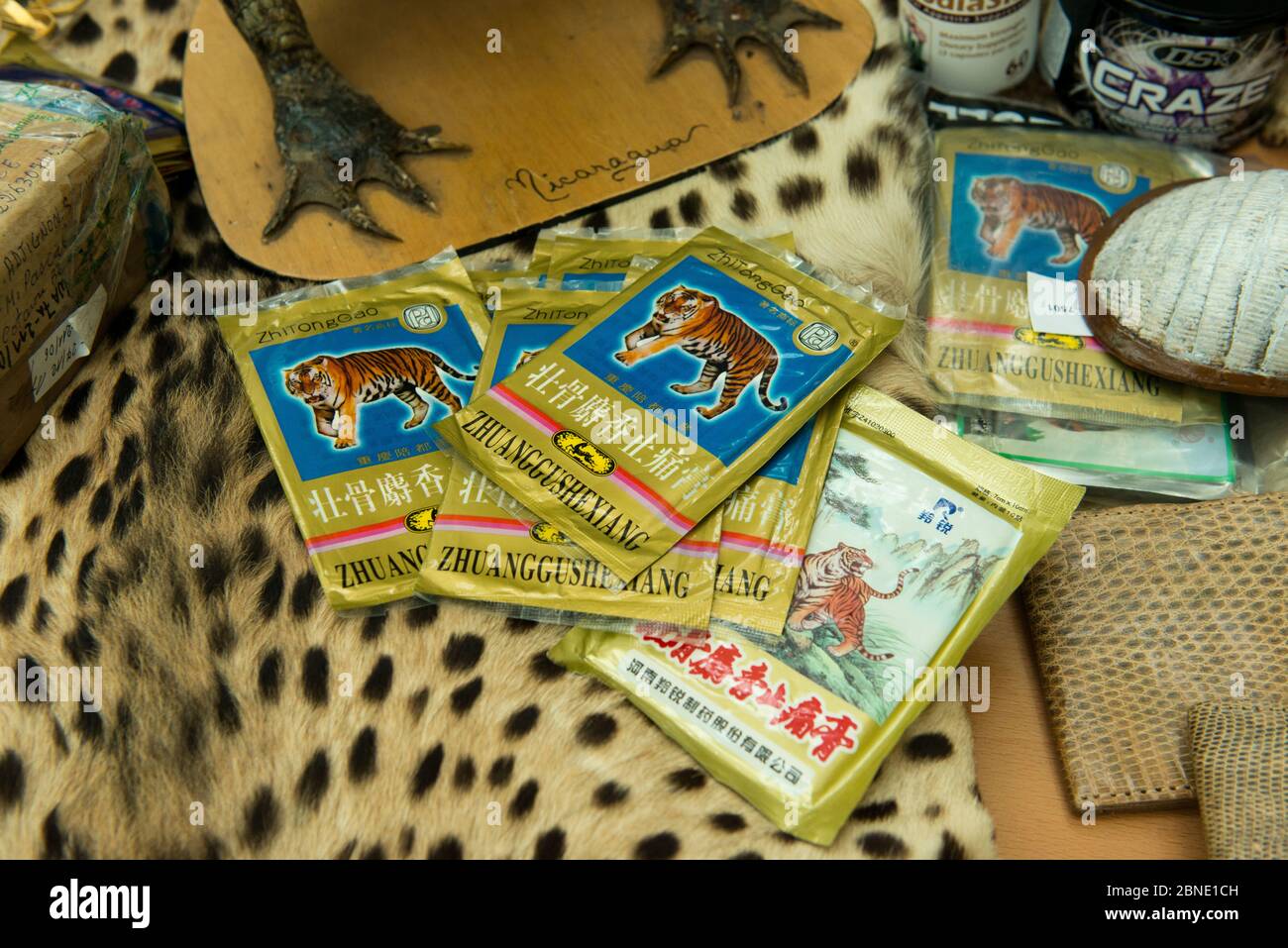 Prodotti a base di ossa tigre utilizzati nella medicina cinese e altri oggetti confiscati in esposizione di prodotti naturali protetti CITES confiscati a Dusseldorf Air Foto Stock