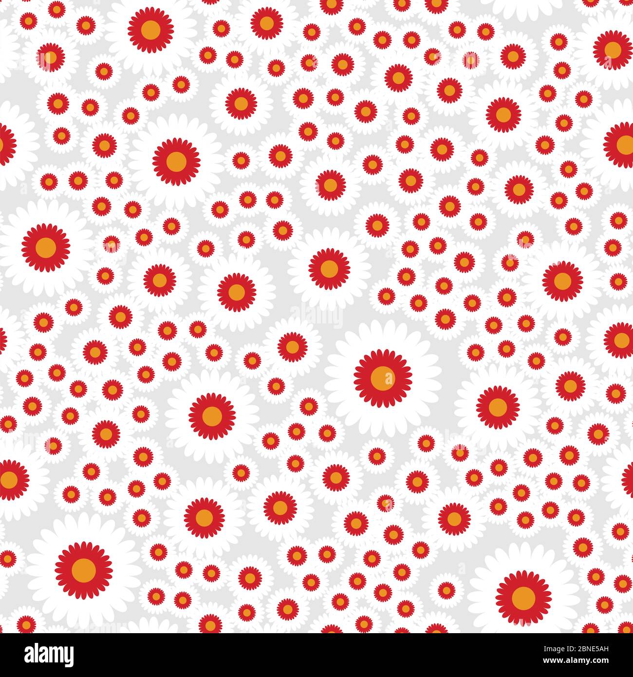 Fiori semplici piatti senza cuciture motivo. Fiore colorato casualmente posizionato su sfondo grigio. Fiori stilizzati astratti che avvolgono la texture floreale. Vettore e Illustrazione Vettoriale