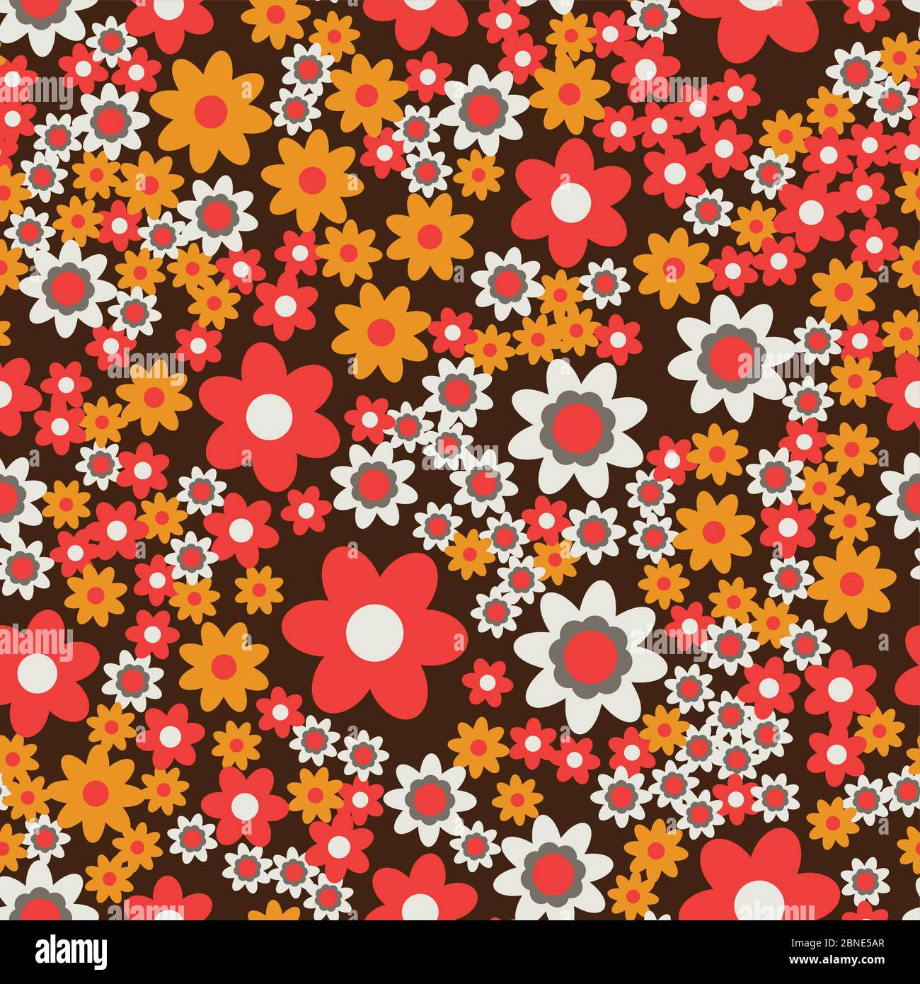 Fiori semplici piatti senza cuciture motivo. Fiore colorato messo casualmente su sfondo nero. Fiori stilizzati astratti che avvolgono la texture floreale. Vettore Illustrazione Vettoriale