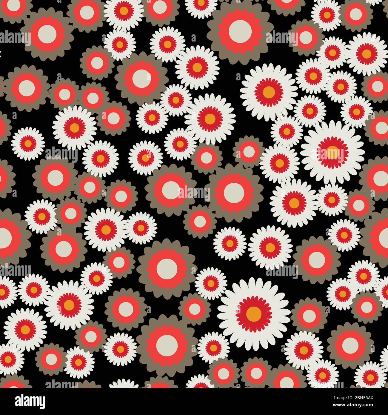 Fiori semplici piatti senza cuciture motivo. Fiore colorato messo casualmente su sfondo nero. Fiori stilizzati astratti che avvolgono la texture floreale. Vettore Illustrazione Vettoriale