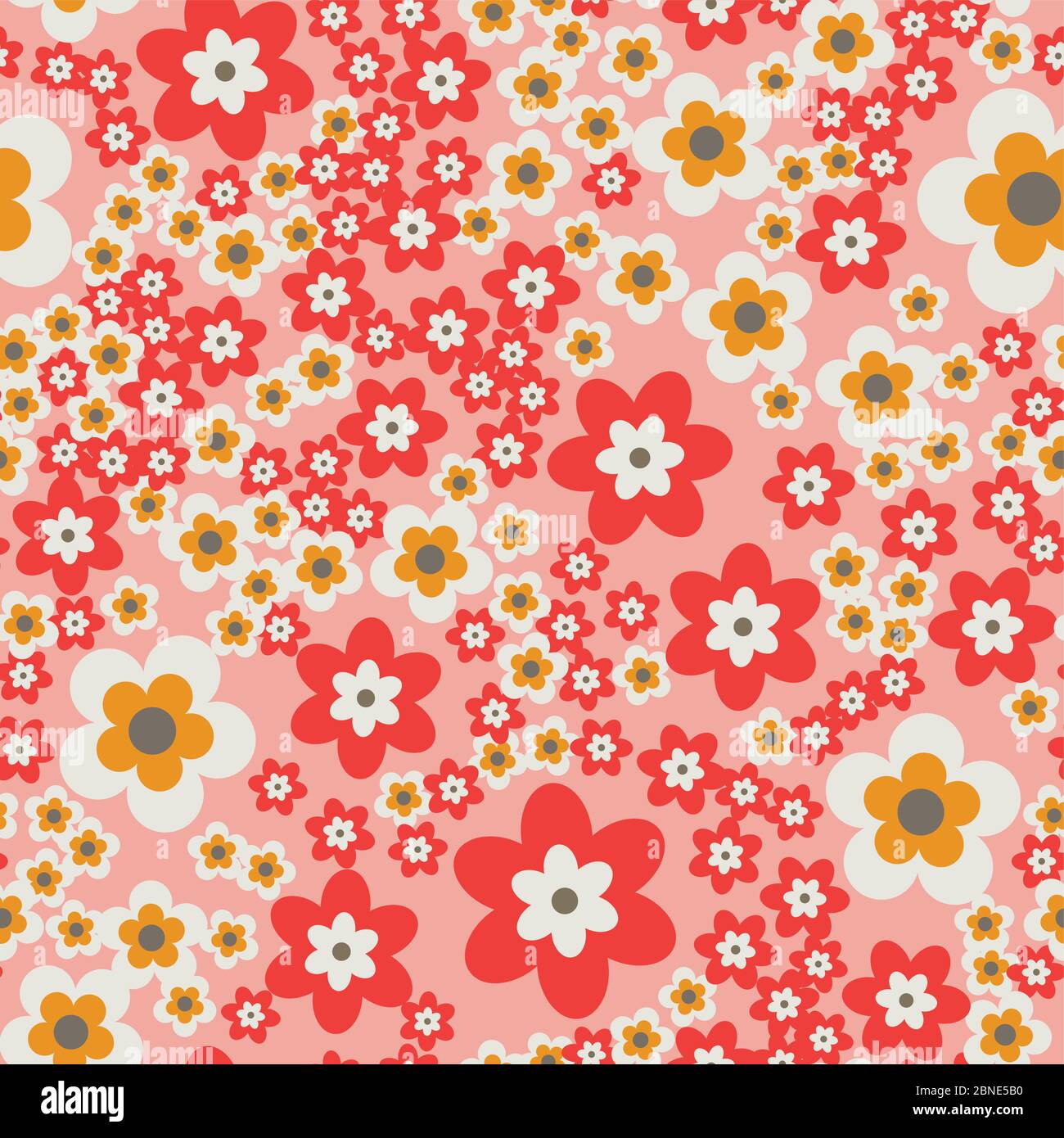 Fiori semplici piatti senza cuciture motivo. Fiore colorato casualmente posto su sfondo rosa. Fiori stilizzati astratti che avvolgono la texture floreale. Vettore e Illustrazione Vettoriale