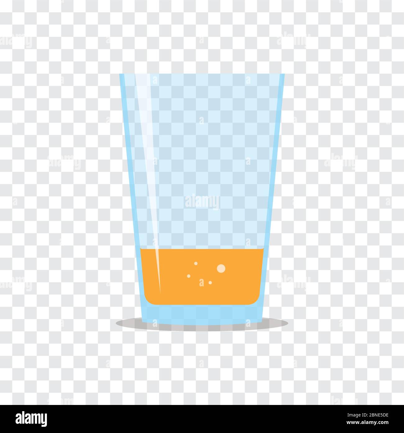 Bicchiere un quarto riempito di succo d'arancia fresco frizzante. Icona piatta isolata su sfondo a scacchi. Liquido giallo in contenitore trasparente. Stilizzato Illustrazione Vettoriale