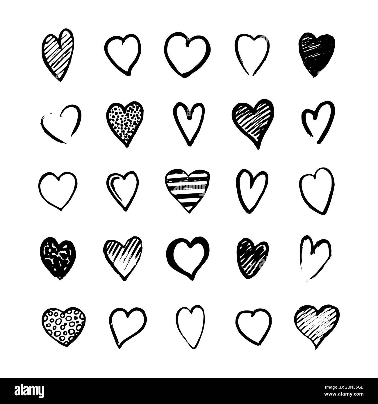 Icone del cuore disegnate a mano insieme in stile doodle. Elementi di design abbozzati per San Valentino o matrimonio. Simboli d'amore neri isolati su bianco. Vettore eps8 i Illustrazione Vettoriale