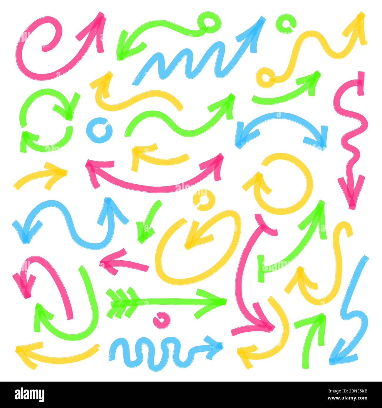 Puntatori a freccia più chiari elementi di progettazione. Set di strisce curve e tratti tracciate a mano con punta a freccia. Ottimizzato per modifiche di colore con un solo clic. Illustrazione Vettoriale