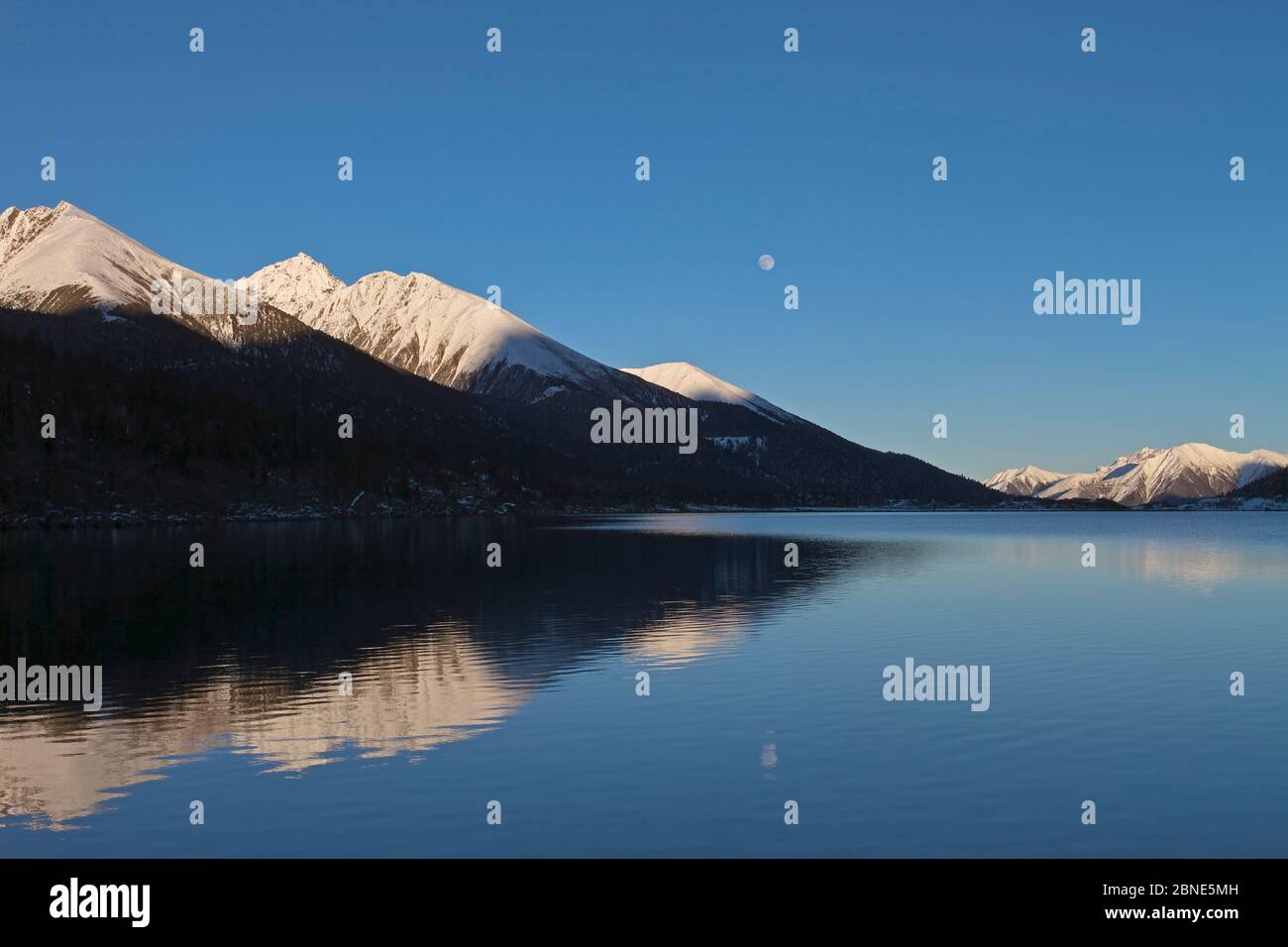 Montagne riflesse in lago, Lago Basongcuo / Lago Pagsum, Parco Nazionale di Basongcuo, altopiano Qinghai-Tibet, Tibet, novembre 2011. Foto Stock