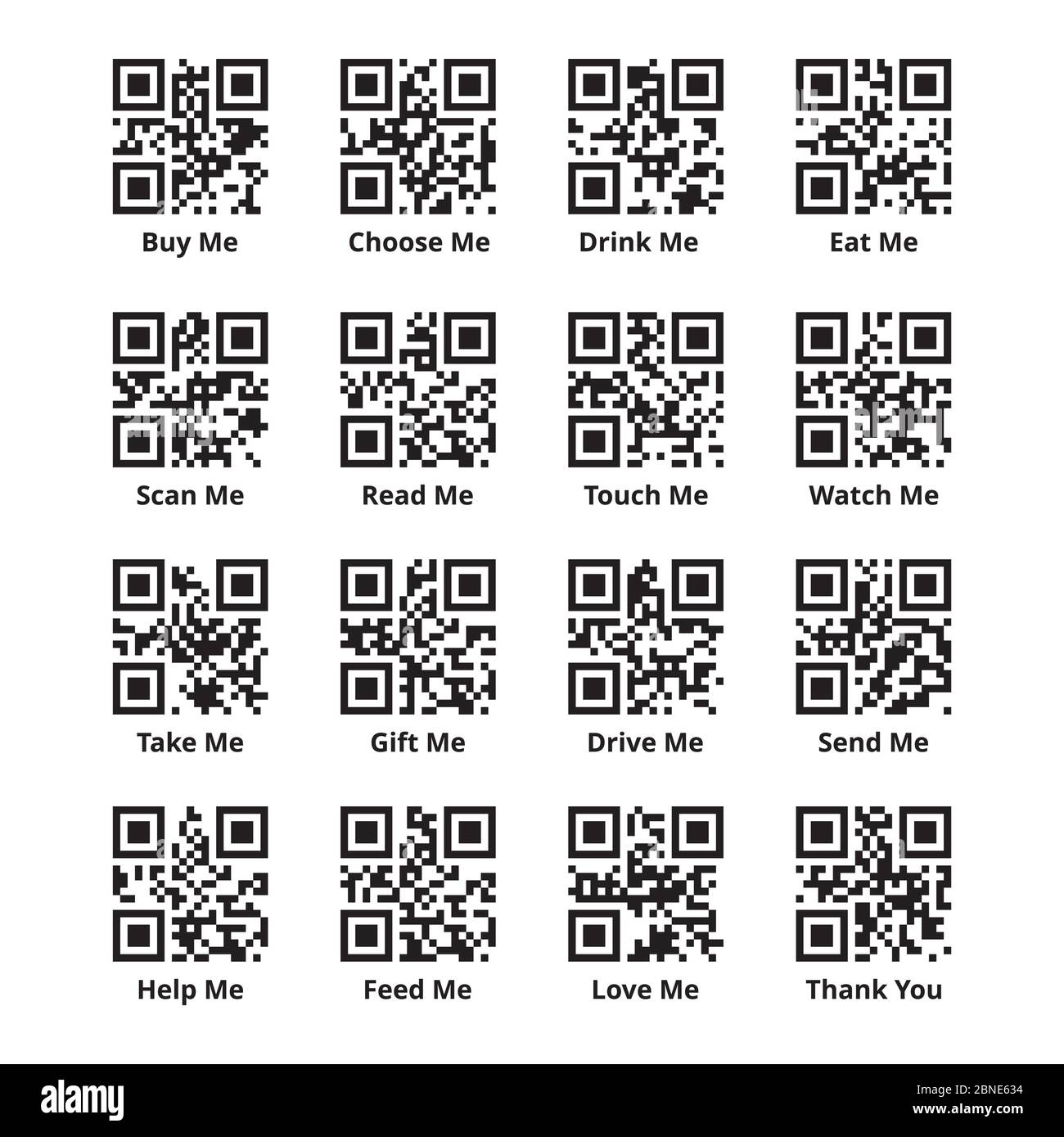 Codice QR impostato per stimolare la vendita di merci. Codici di risposta rapida con frasi promozionali codificate come acquistare, scansionare, leggere, mangiare, prendere, toccare, aiutare, amarmi Illustrazione Vettoriale