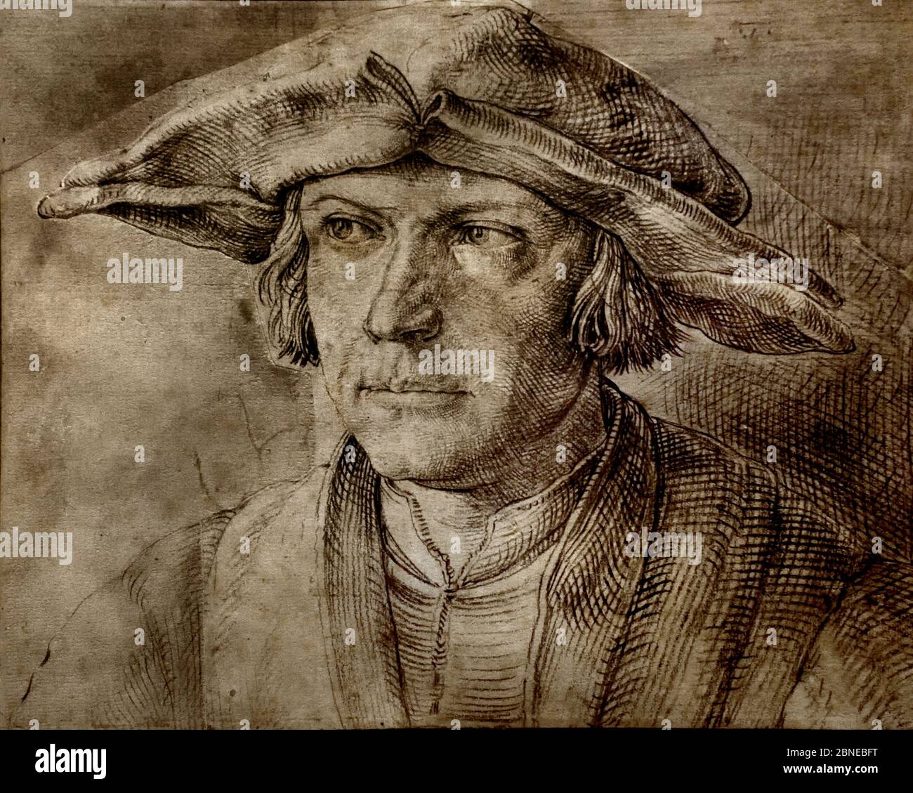 Ritratto dell'uomo dal davanti, con cappello a ciottola di Lucas van LEYDEN, 1494-1533, Leiden, Paesi Bassi, Foto Stock