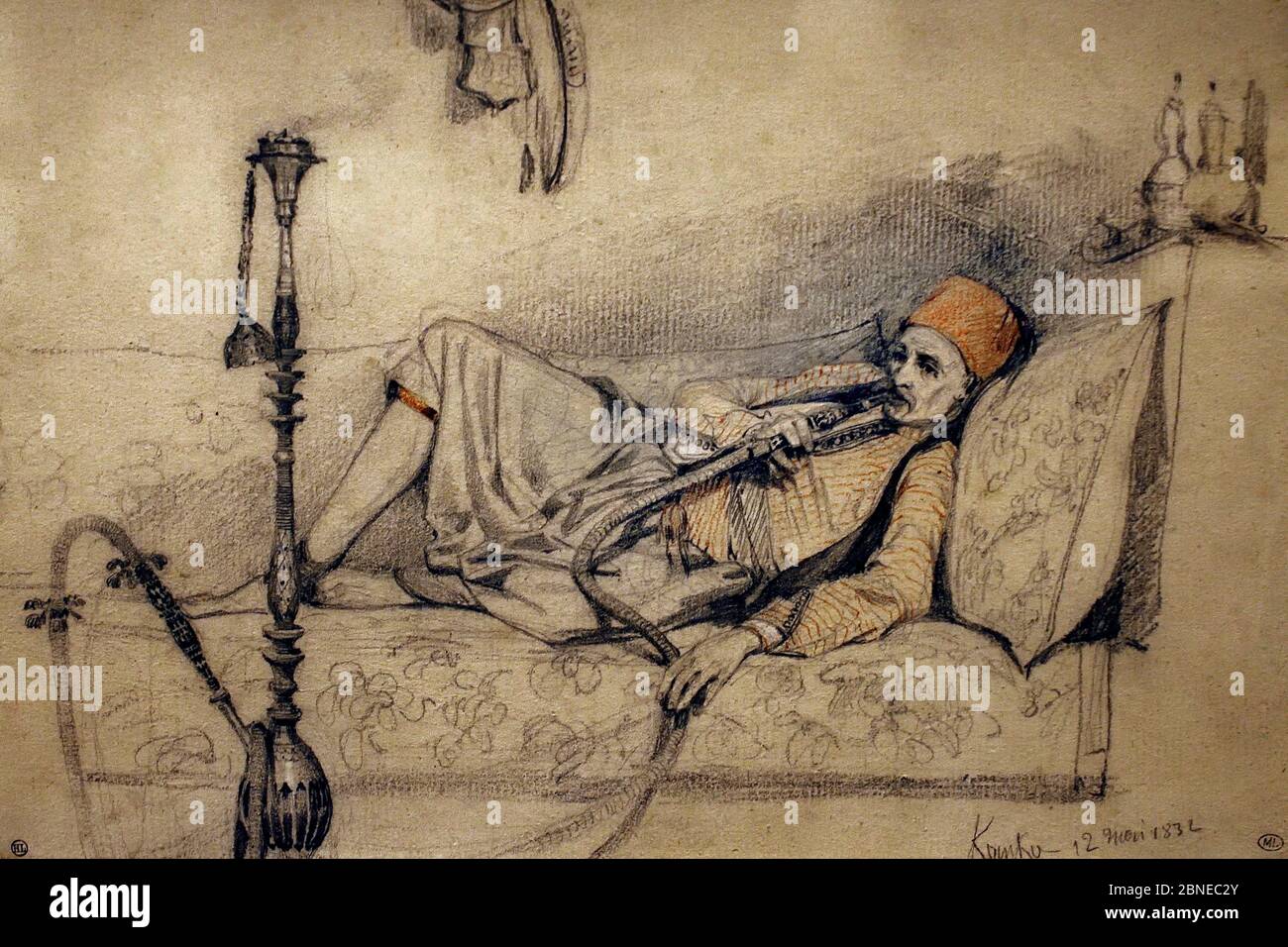 Egiziano fumo un hookah di Caire Prosper MARILHAT 1811-1847 Francia, francese. ( strumento monostemmato o multistemato per vaporizzare e fumare cannabis aromatizzata, tabacco, oppio ) Foto Stock