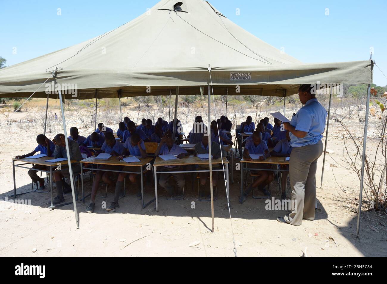 Insegnante e adolescenti che studiano in un'aula all'aperto, la scuola di Etanga, Kaokoland, Namibia. Ottobre 2015 Foto Stock
