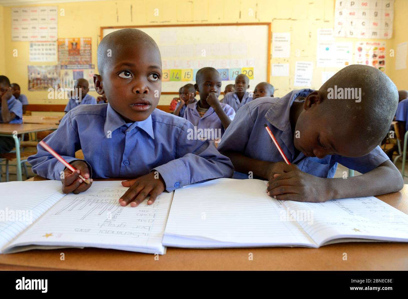 Bambini che studiano in classe alla scuola di Etanga, Kaokoland, Namibia. Ottobre 2015 Foto Stock
