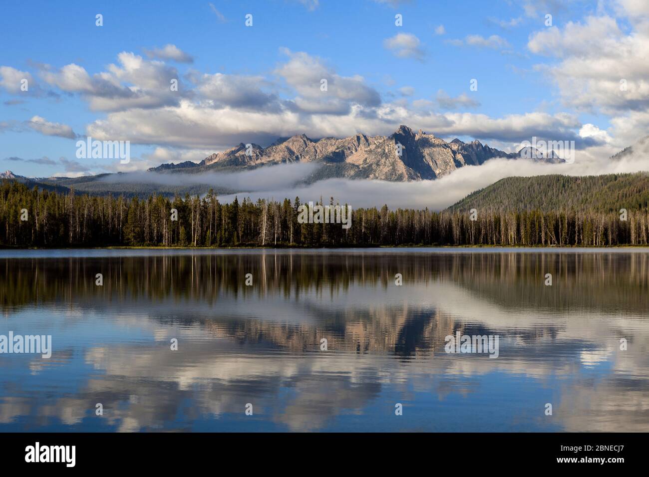 Alba a Little Red Fish Lake con la Sawtooth Range, Idaho, Stati Uniti. Luglio 2015. Foto Stock