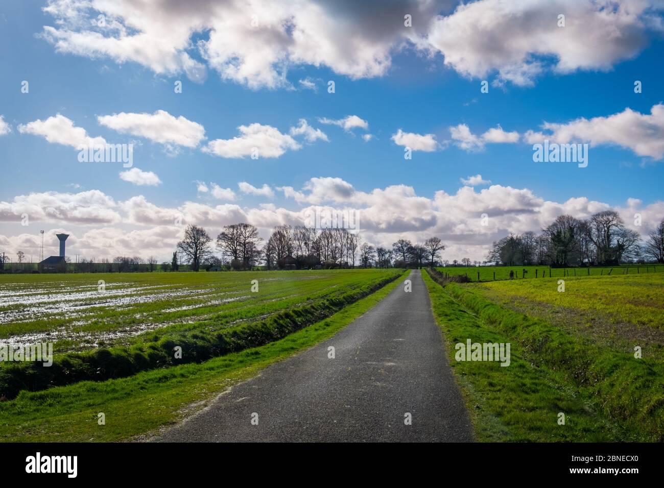 Strada di campagna a Couesmes-Vauce tra campi nella campagna della Mayenne in una giornata invernale, Francia Foto Stock