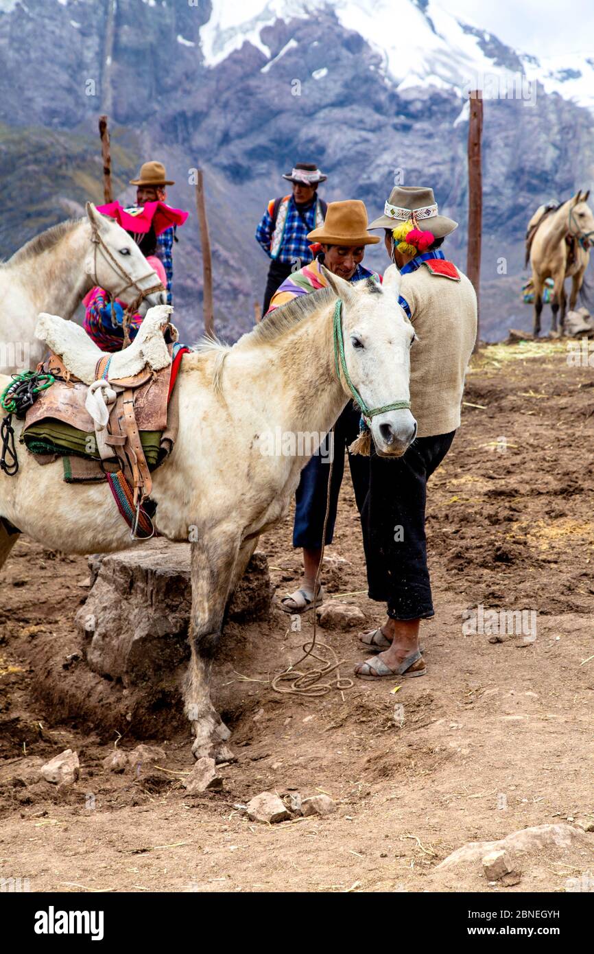 Peruviani e cavalli usavano salire fino a Rainbow Mountain (Vinicunca) Cusipata Trail, Ande, Perù Foto Stock