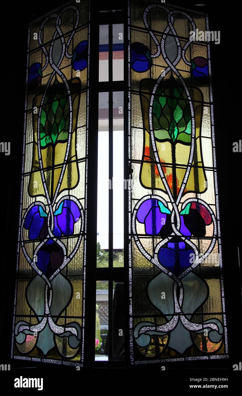 Vetrata in stile Art Nouveau presso la Cheong Fatt Tze Mansion di George Town Foto Stock