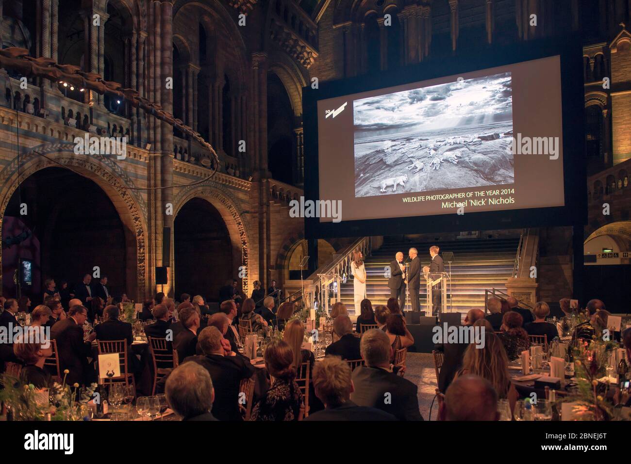 Il vincitore del premio Wildlife Photographer of the Year Award Michael 'Nick' Nichols, ha ricevuto il premio da Sir David Attendborough in occasione del 50° anniversario Foto Stock