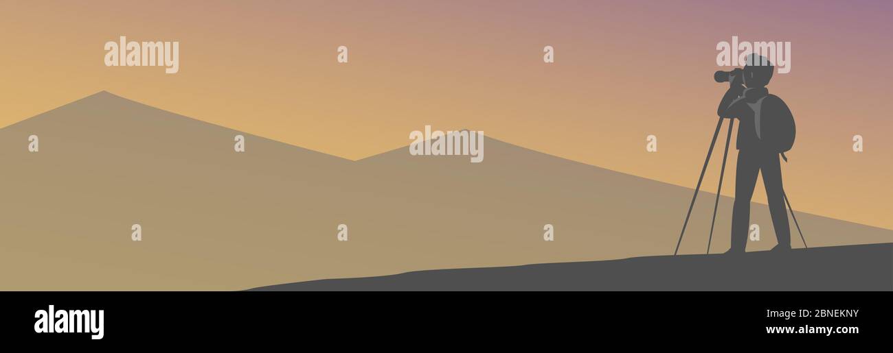 Un uomo turistico fotografa le montagne. Illustrazione Vettoriale