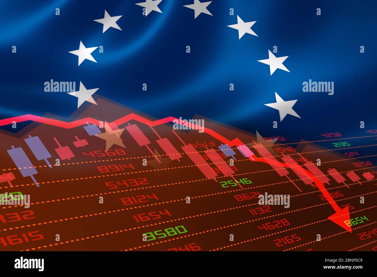 Crisi economica dell'Unione europea con il mercato azionario che mostra la tabella delle azioni in basso e in territorio rosso negativo. Affari e denaro finanziario marke Foto Stock