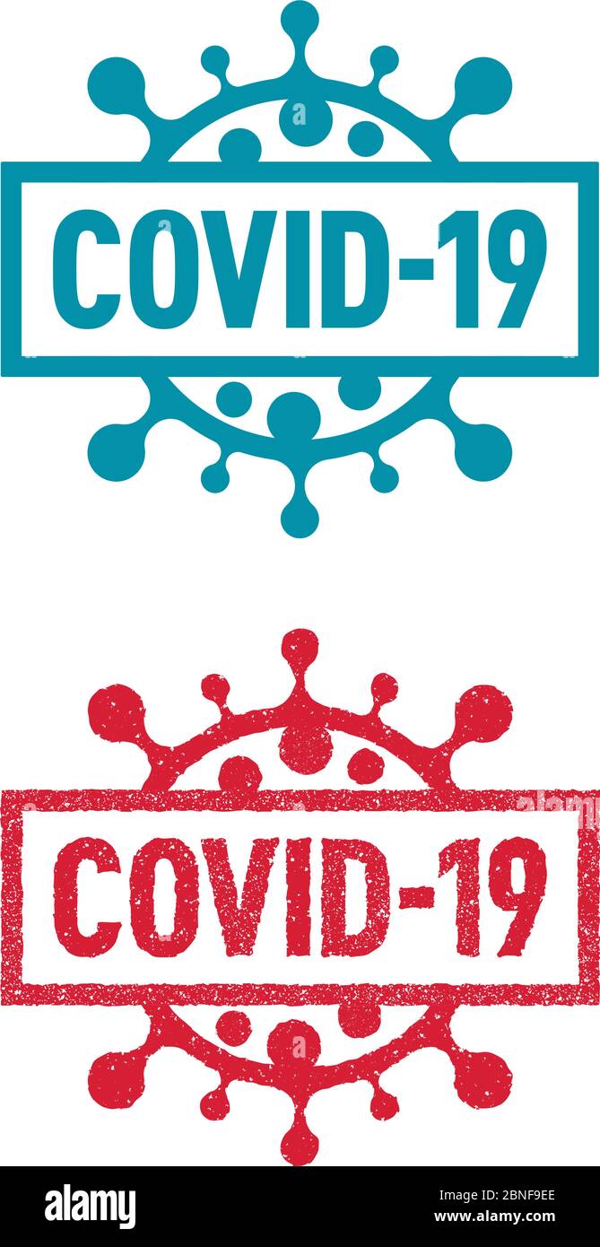 I badge con inchiostro rosso e solido turchese Covid-19 con nuove icone di Coronavirus su sfondo bianco. Illustrazione Vettoriale