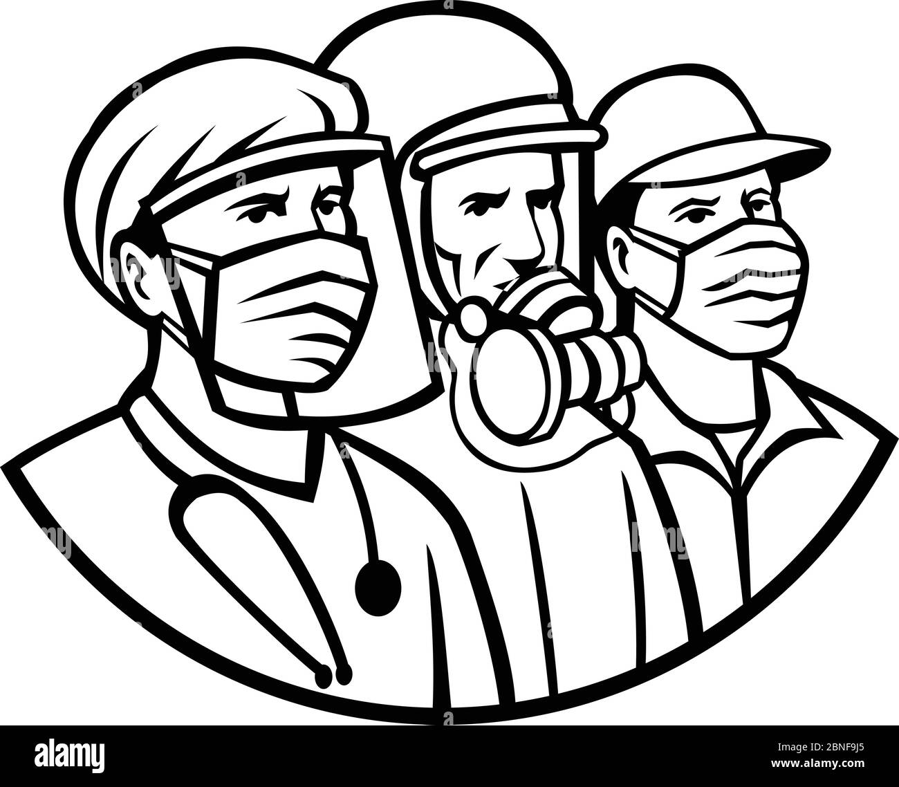 Mascot icona illustrazione di medico, infermiere, medico, assistenza sanitaria, soldato o lavoratore essenziale indossare maschera chirurgica come eroi in nero e. Illustrazione Vettoriale