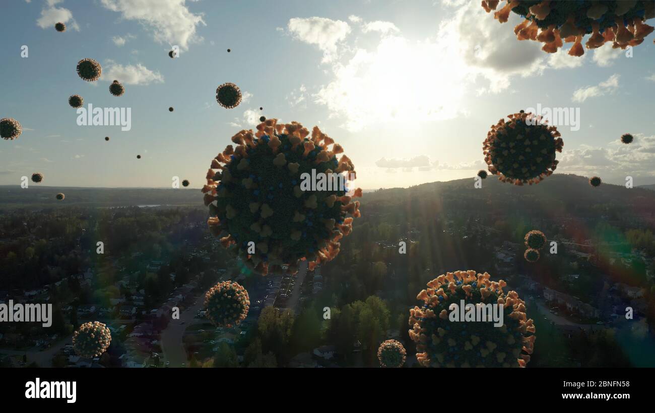 Igiant Apocalyptic COVID-19 Coronavirus Molecules Flying Over Society - Safety Stay Home Concept - Pandemic Apocalypse CGI Foto Stock