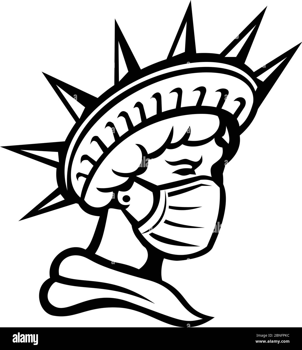 Icona Mascot illustrazione di testa di libertà o Libertas, il simbolo americano simbolo di giustizia e libertà indossare maschera chirurgica per proteggere la salute Illustrazione Vettoriale