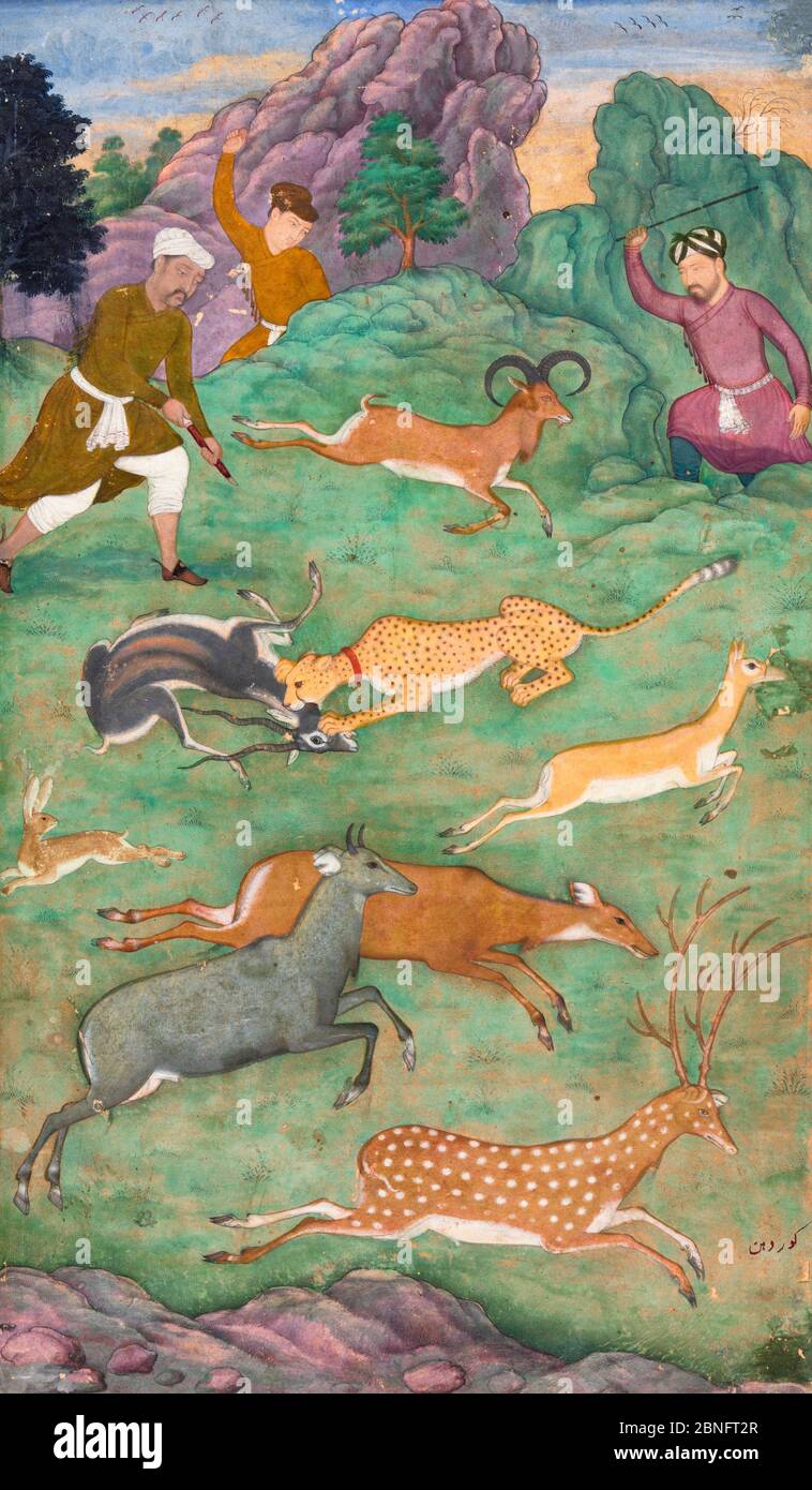 Antelope e cervi caccia di Govardhan, circa 1602-1604, arte indiana e del sud-est asiatico Foto Stock