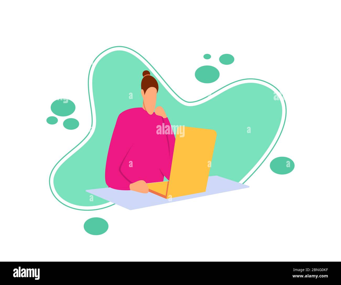 Illustrazione piatta di una ragazza seduta leggendo le ultime notizie usando un netbook. Carattere cartoon stile piatto con il concetto di persone che leggono le notizie Illustrazione Vettoriale