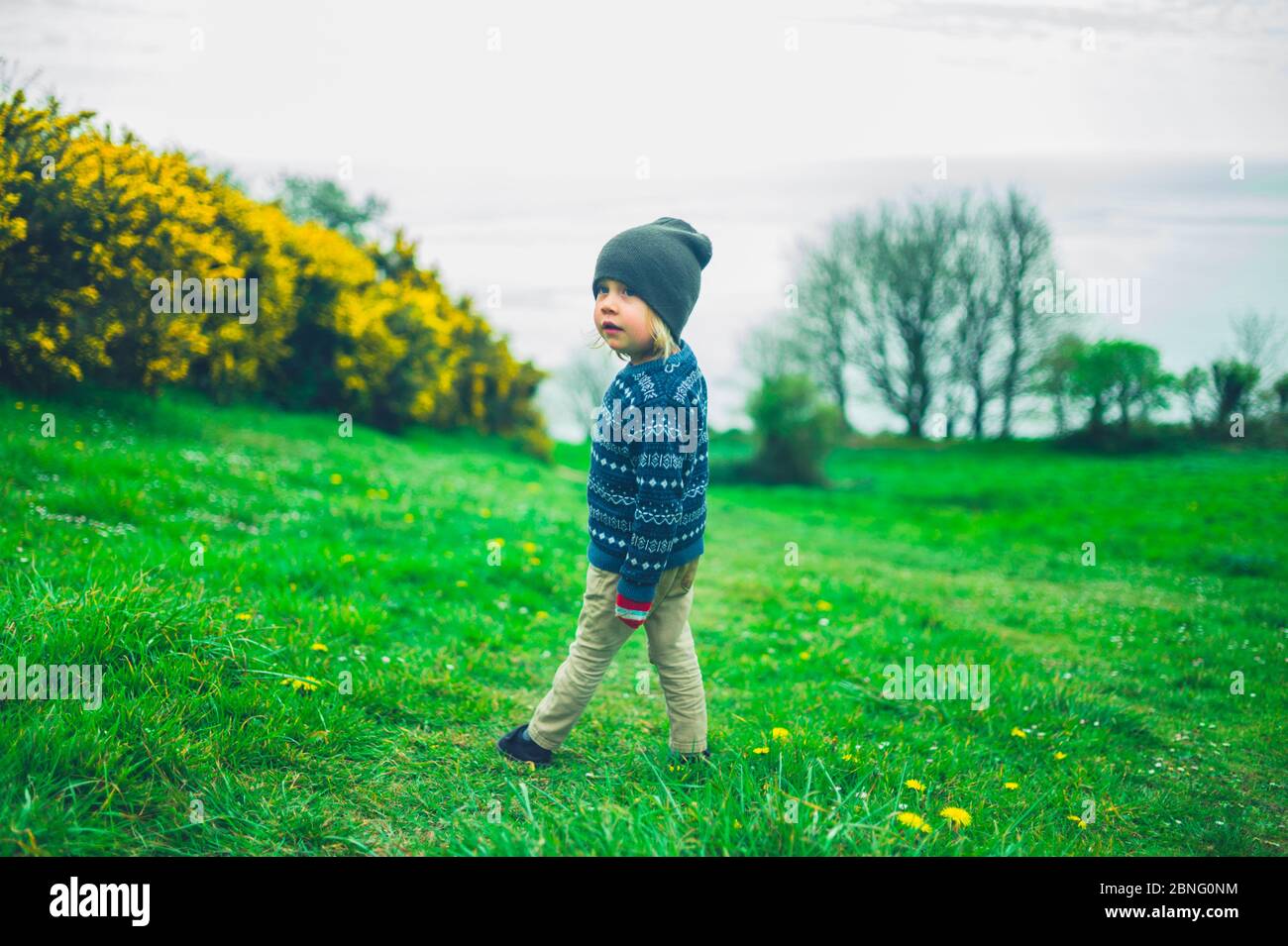 Un ragazzo preschooler sta in piedi sull'erba vicino al mare Foto Stock