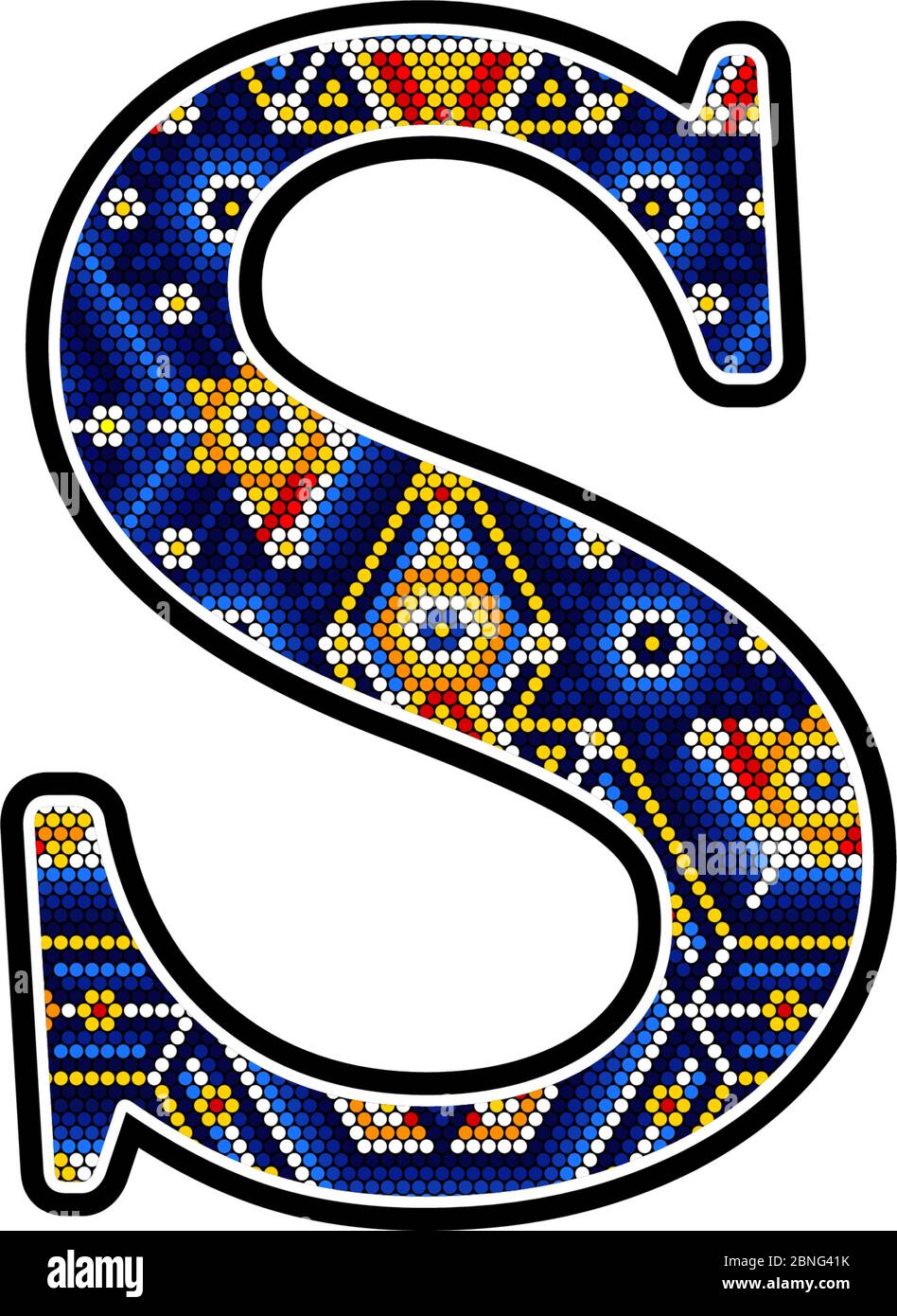 Lettera maiuscola iniziale S con punti colorati. Design astratto ispirato allo stile artigianale messicano huichol. Isolato su sfondo bianco Illustrazione Vettoriale