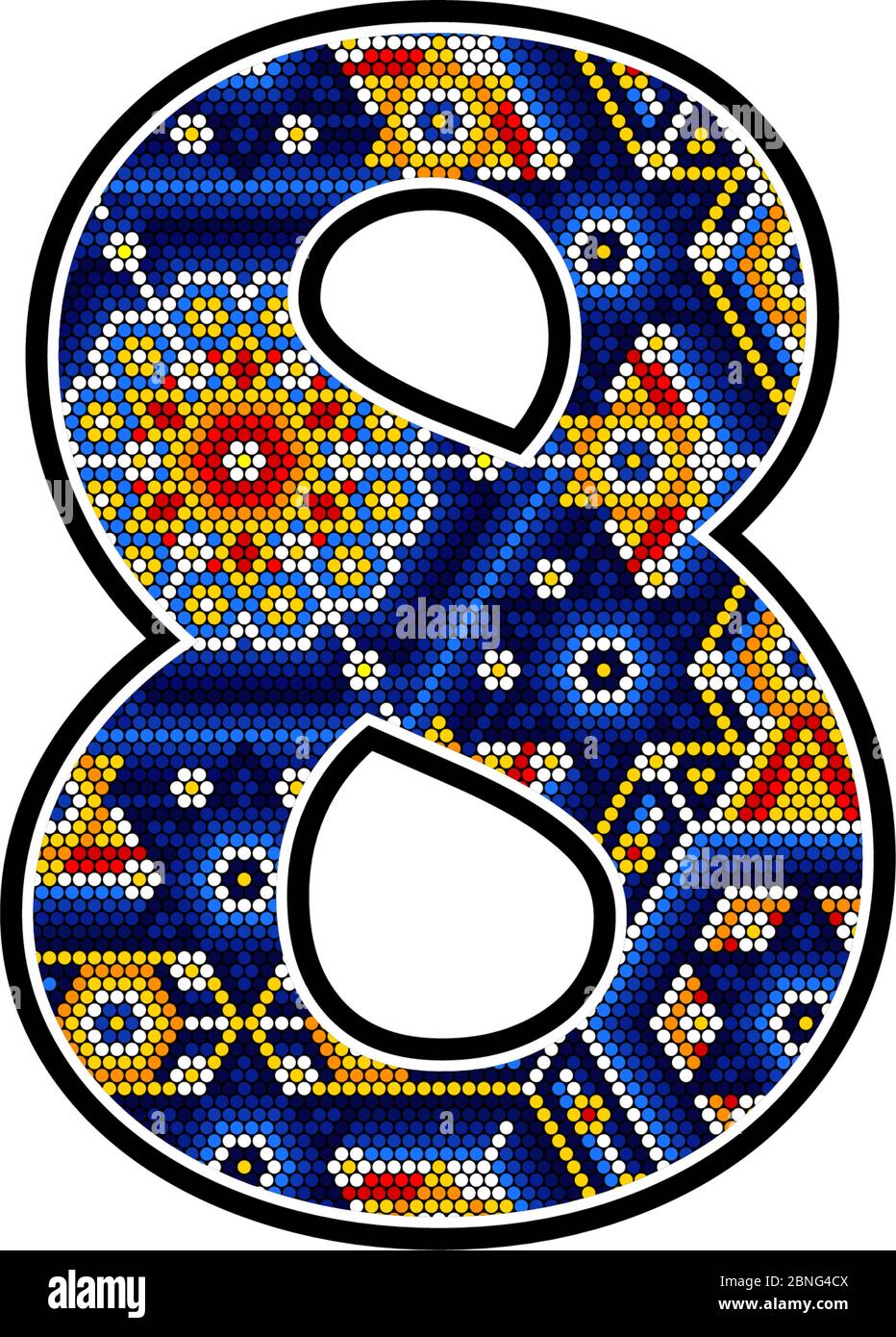 numero 8 con punti colorati. Design astratto ispirato allo stile artistico messicano huichol isolato su sfondo bianco Illustrazione Vettoriale