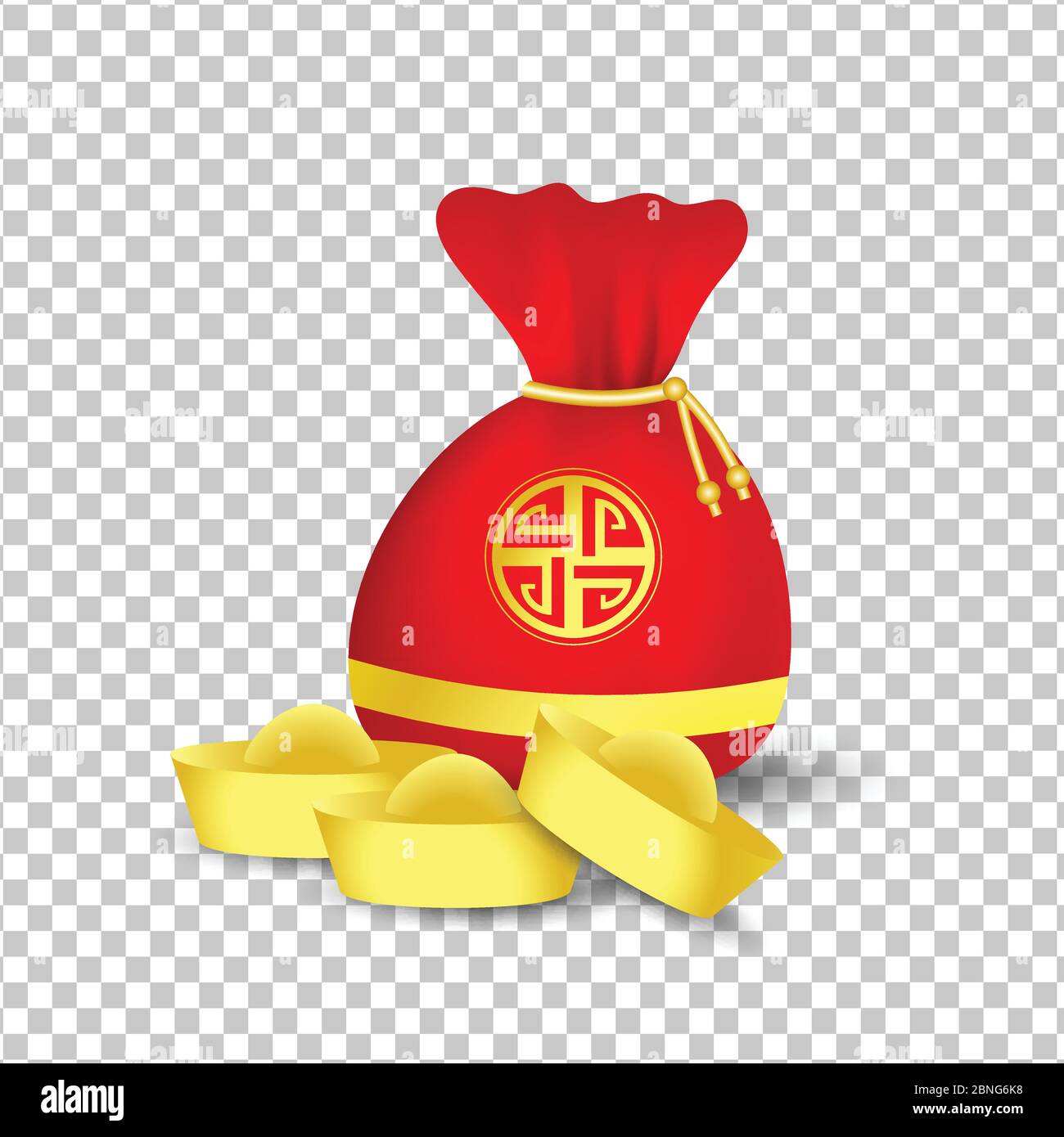 Sacchetto rosso per il capodanno cinese e monete d'oro isolato su sfondo bianco trasparente.illustrazione vettoriale Illustrazione Vettoriale