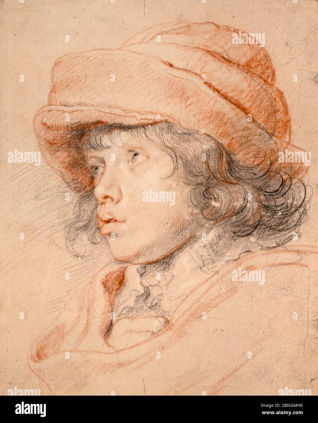 Il figlio di Rubens Nicolaas indossa un cappuccio rosso in feltro (c.. 1625-27) di Peter Paul Rubens (1577-1640). Gesso nero e rosso. Fax. Foto Stock