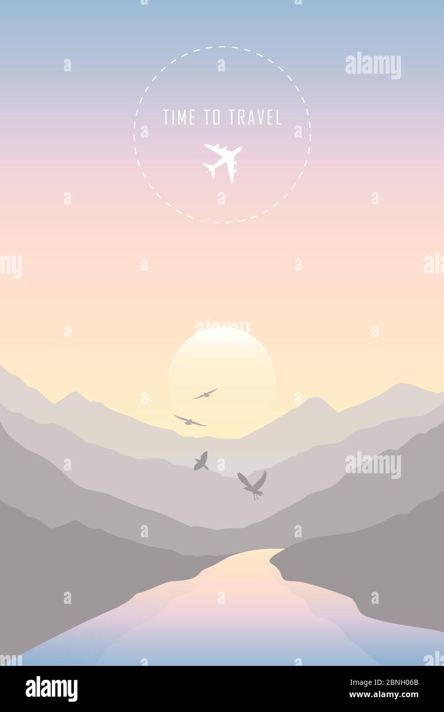 Tempo di viaggiare montagna dal paesaggio del fiume con uccelli vettore illustrazione EPS10 Illustrazione Vettoriale